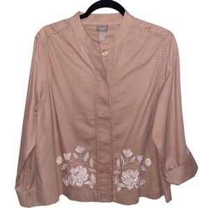 Chicos Jacket Womens Size 1 Medium Embroidered Floral Snap Roll Tab Sleeves 2023